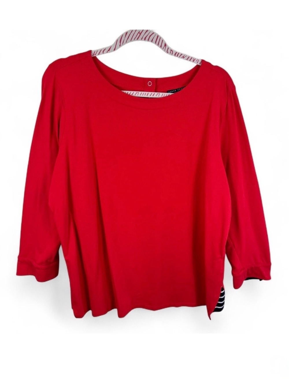 Susan Graver Weekend Red 3/4 Sleeve Top Striped Trim Back Snaps XL